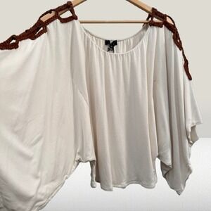 NEW Sky Women Batwing Top Brown Crochet Cold Shoulder Cream Small